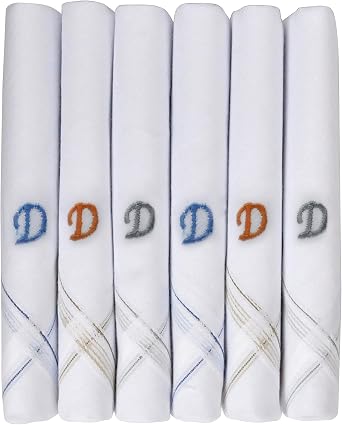 Mens Initial Monogram A-Z 100% Cotton Handkerchief, Gents Hanky 6 Pack