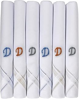 Caruso Italy Men's Initial Monogram (A-Z) Embroidery 100% Pure Cotton Handkerchief White Base With Colored Border - Pack Of 6