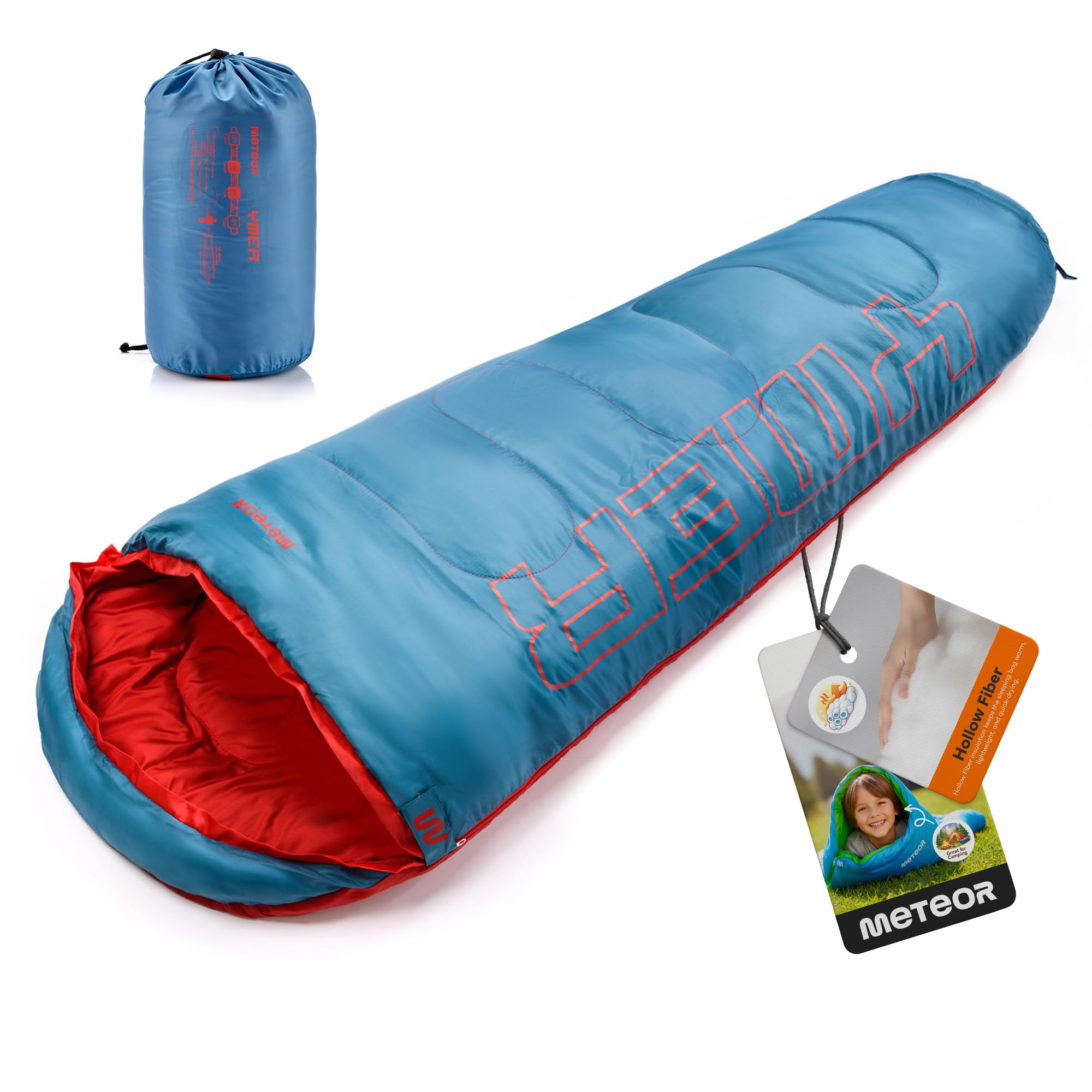 meteor Saco Dormir Tipo Momia - para Niños en Viaje Camping Funda Festival Hotel Portátil con Capucha y Saco de Compresion YMER