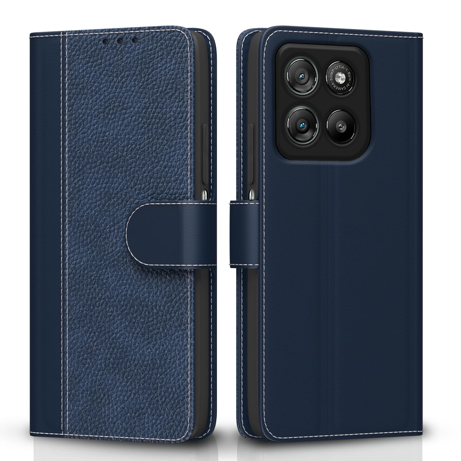 Amazon Basics Flip Cover for Motorola Moto G67 Power 5G / G57 Power 5G | Leather Finish | Wallet Stand and Shock Proof | Complete Protection Flip Case (Blue)