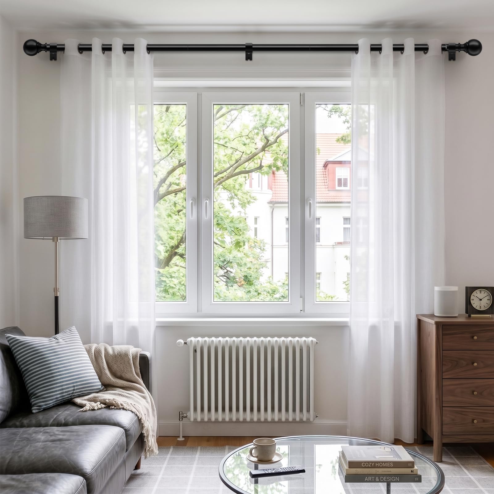 Tringle à rideaux à œillets extensible Noir 25 mm 80-305 cm | Tringles à rideaux robustes, charge de 15 kg, tringle à rideaux intérieur/extérieur, support mural/plafond, supports inclus