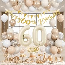 60th Birthday Party Decorations for Women Men, Sand White Gold 60 Year Old Balloon Set, Beige Gold Number 60 Party Decorations, Happy Birthday Banner with Cake Topper for Him Her Boho Party Supplies