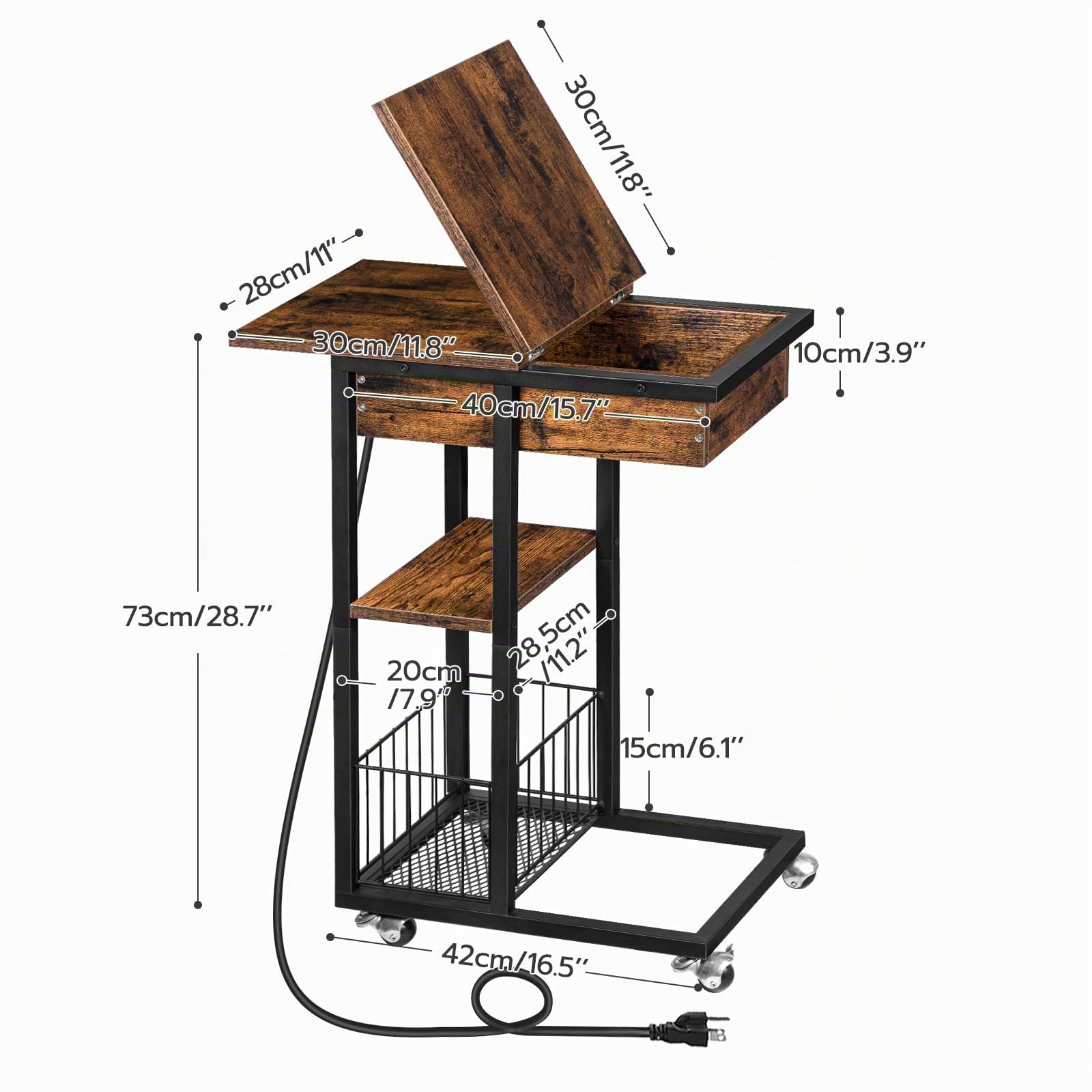 HOOBRO Table d'Appoint avec Station de Charge, Table Basse Pliante en Forme de C avec roulettes et Étagère de Rangement, Ports USB et Prises de Courant, pour Salon, Marron Rustique EBF022SF01G1