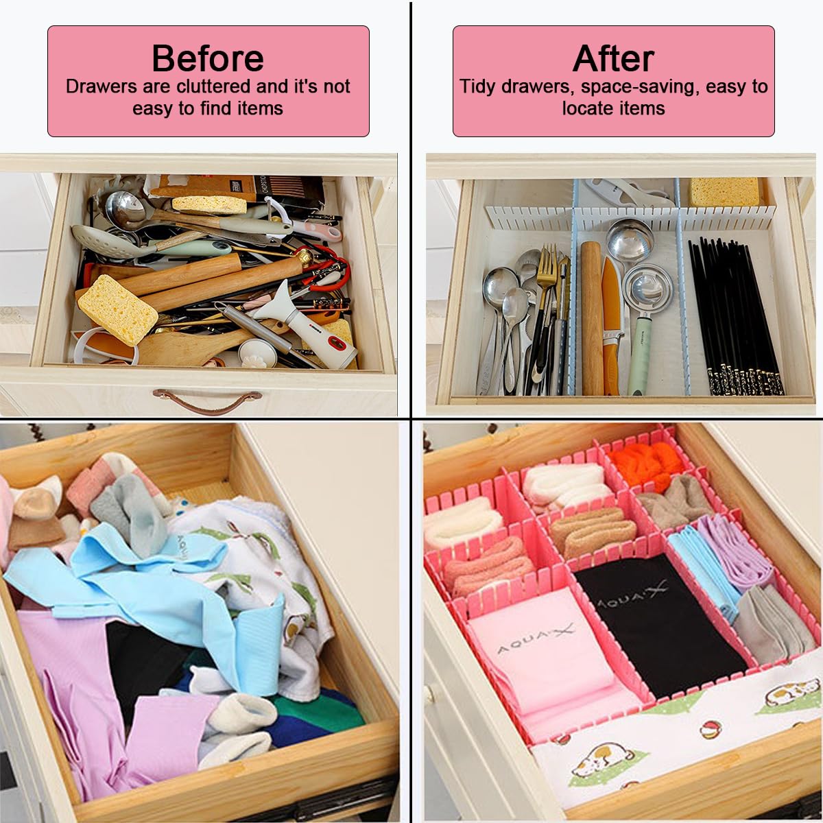 20 frei verstellbare Schubladenteiler für die Organisation von unordentlicher Kleidung, Kosmetik, Schreibwaren, Geschirr, tägliche Kleinteile, geeignet für Küche, Wohnzimmer, Bad,