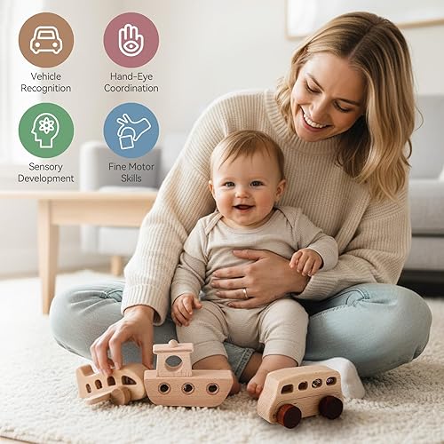 Miniatura 5 de WOODEN TEETHER 3 autos de madera para niños pequeños de 1 a 3 años, juguetes de coche para bebés, juguetes de madera para bebés, incluyen automóvil,