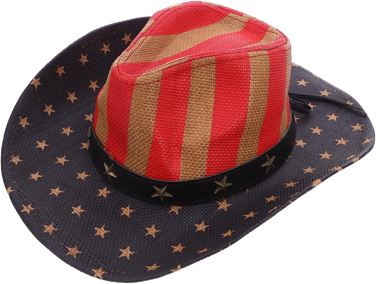 American Flag Cowboy Hat Wide Brim Straw Patriotic Sun Hat for Men Women Vintage Western Style Perfect for Fourth of July Outdoor Activities