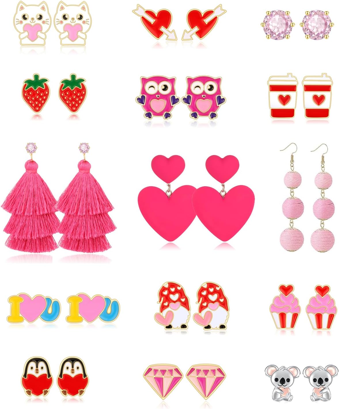 15 Pairs Hypoallergenic Valentine's Day Themed Earrings Set for Women Teen Girls Valentines Day Pink Heart Gnome Love Earrings for Girls Cute Bulk Valentines Jewelry Earrings