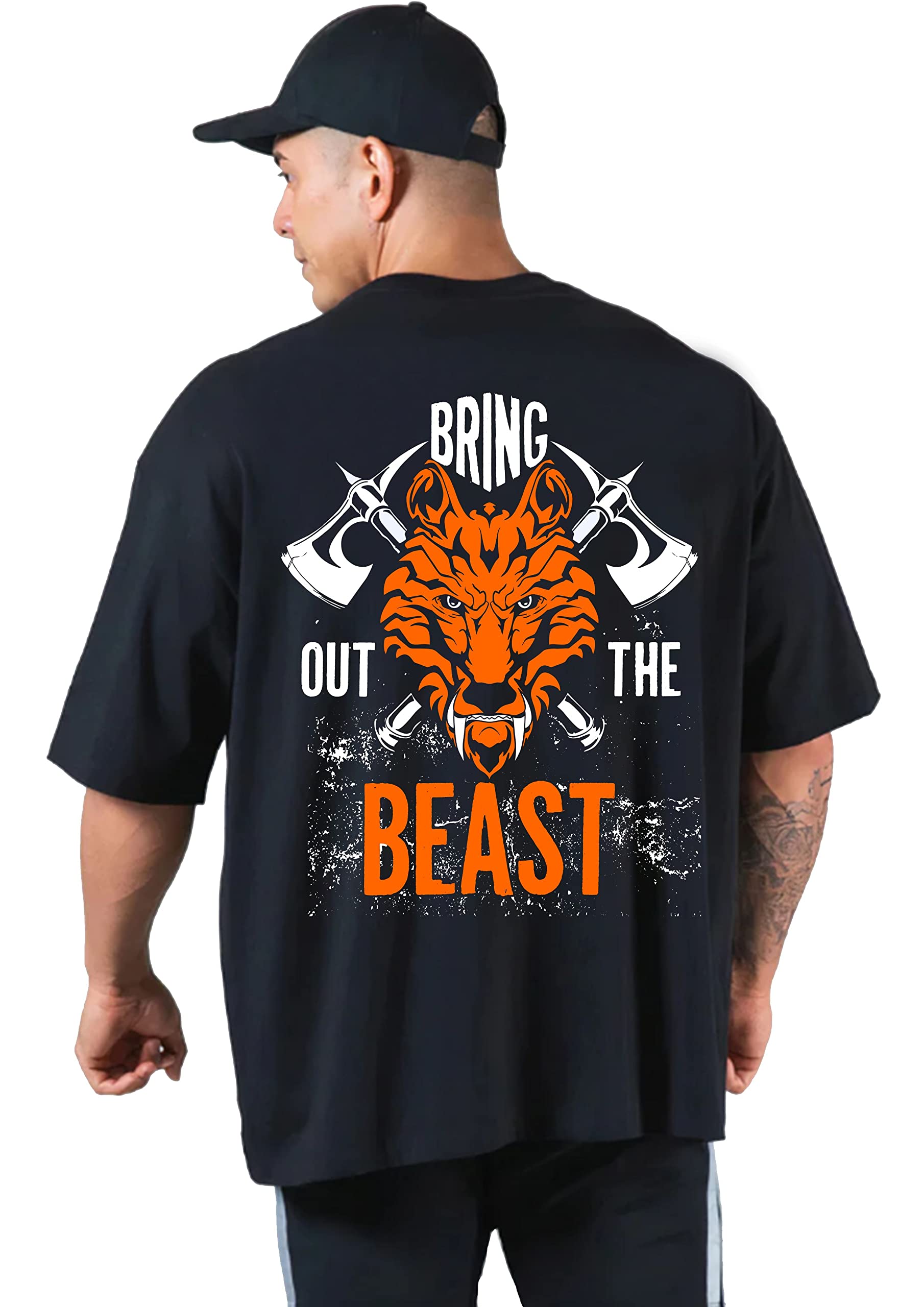 GYMBROTHERS100% Pure Cotton Mens Printed Half Sleeves Oversized Round Neck Drop Shoulder, Relaxed Fit, Bring Out The Beast T-Shirt