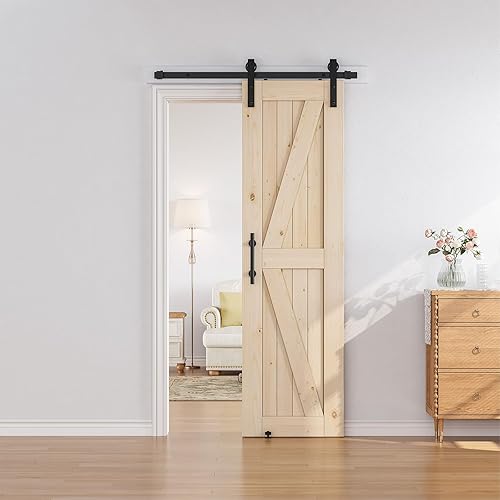 Miniatura 4 de SMARTSTANDARD Puerta corredera de granero de 24 x 84 pulgadas con kit de herrajes para puerta de granero de 4 pies incluido, puerta de madera maciza