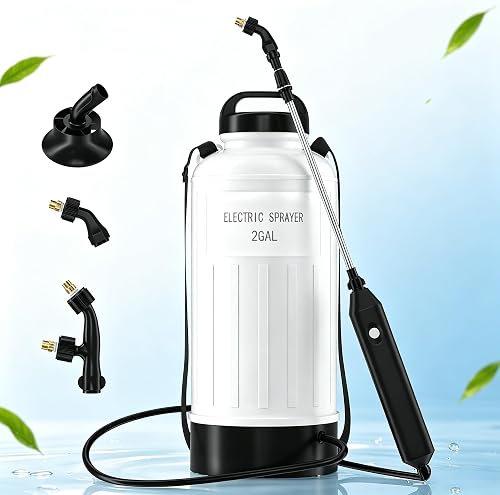 Battery Powered Sprayer 2 Gallon Electric Pump Lawn & Garden Sprayer | Wide Mouth Tank, Electric Pump, 3 Nozzles, Elevated Base, Thickened Anti-Abrasion Tank, Kink Proof Hose & Retractable Wand