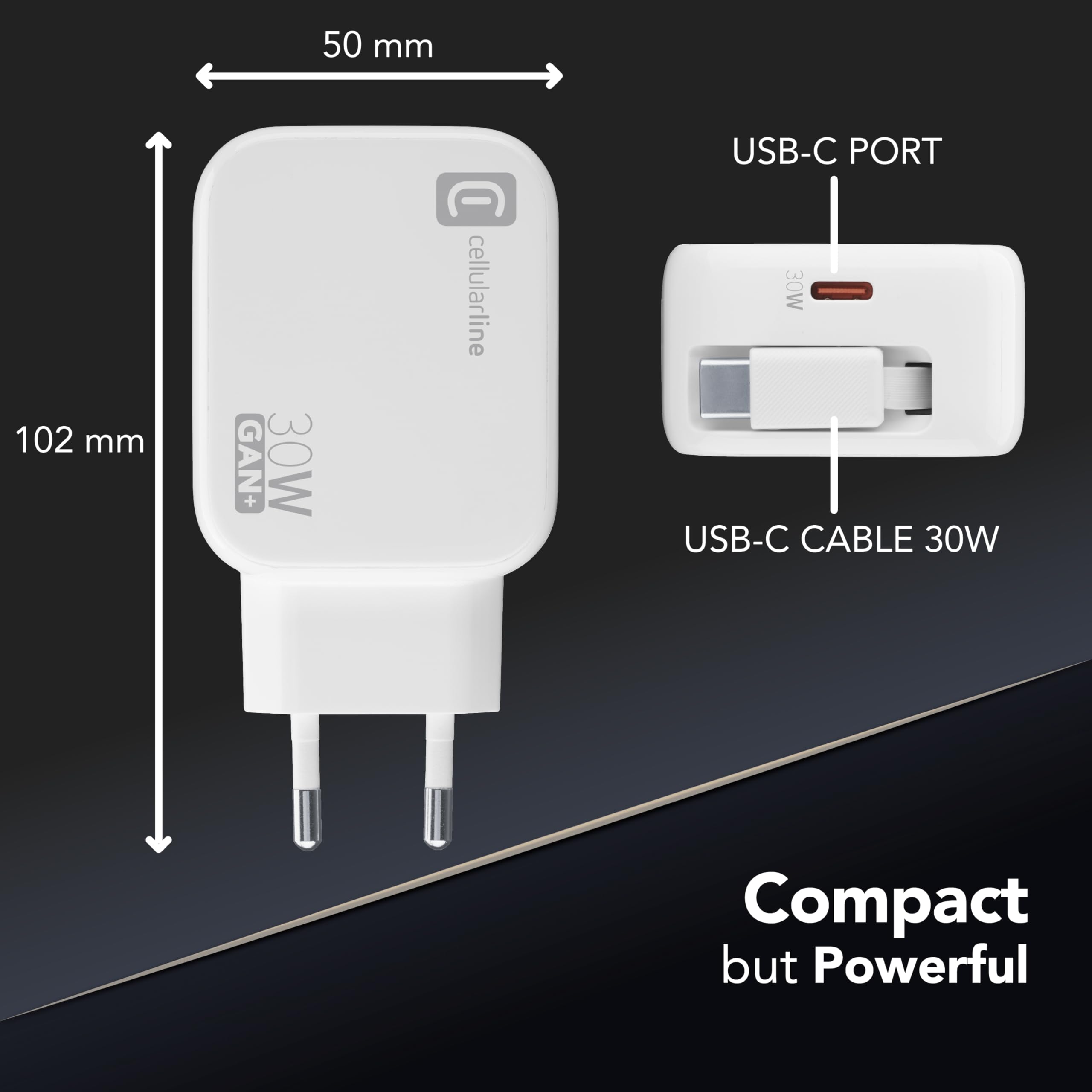 Cellularline Caricabatterie da Rete 30W GaN USB-C Power Delivery Compatto Bianco