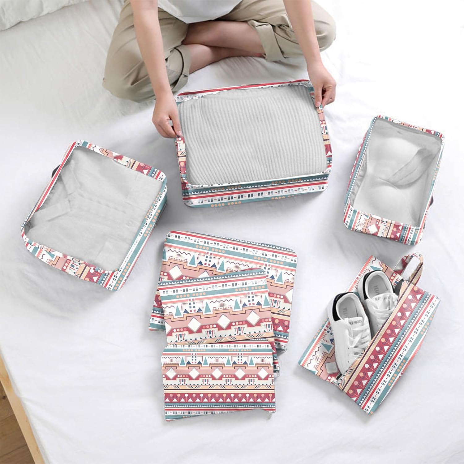 7 Set Packing Cubes Travel Luggage Organizers for Suitcase Travel Accessories with Shoe Bag for Girls Women Aesthetic Cute Boho Bohemian-Pink Blue - Image 6