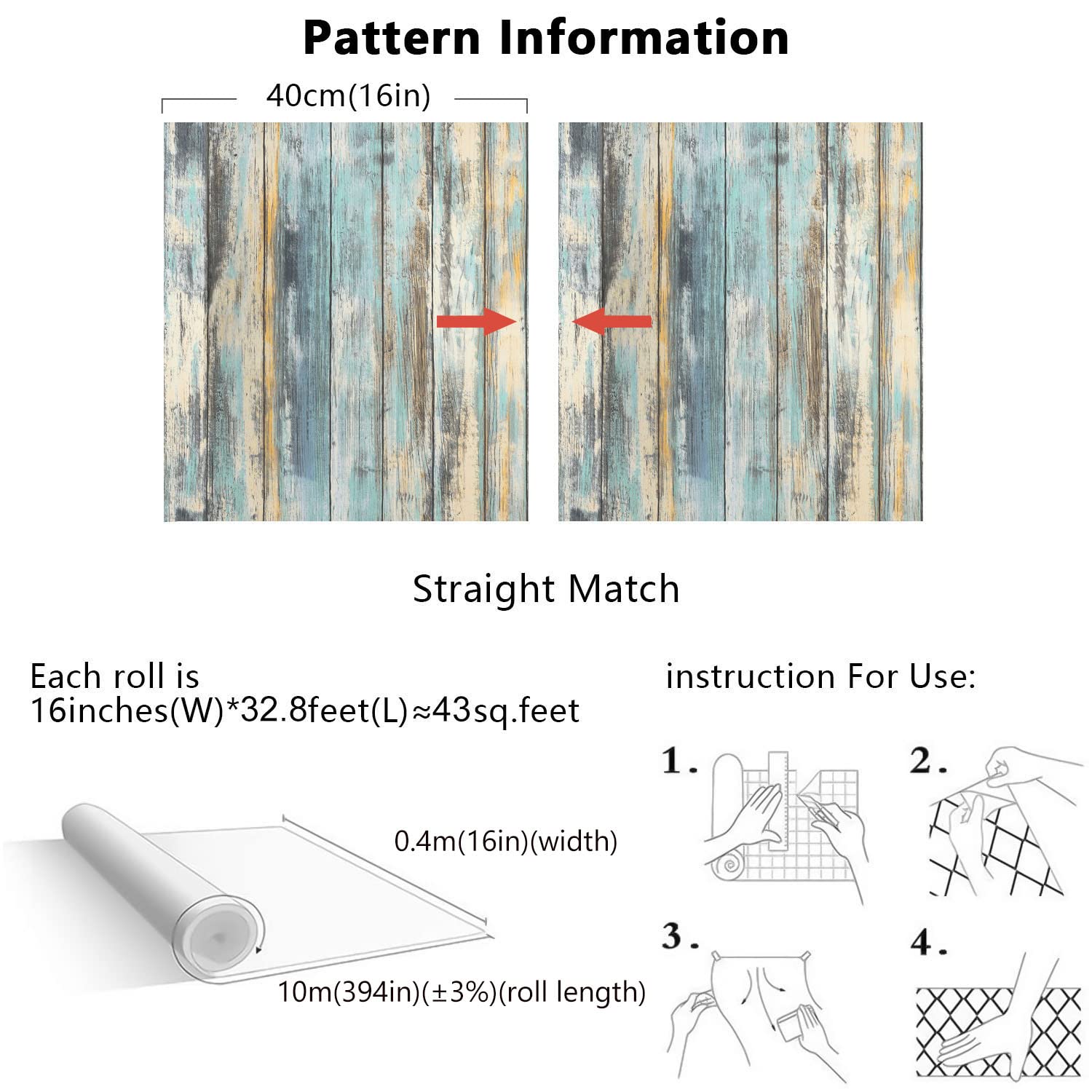 Dimcol Wood Contact Paper - 15.7"x394" Self-Adhesive and Removable Wood Wallpaper Peel and Stick - Blue Distressed Wood Grain Contact Paper for Cabinets - Waterproof Stick on Wall Paper