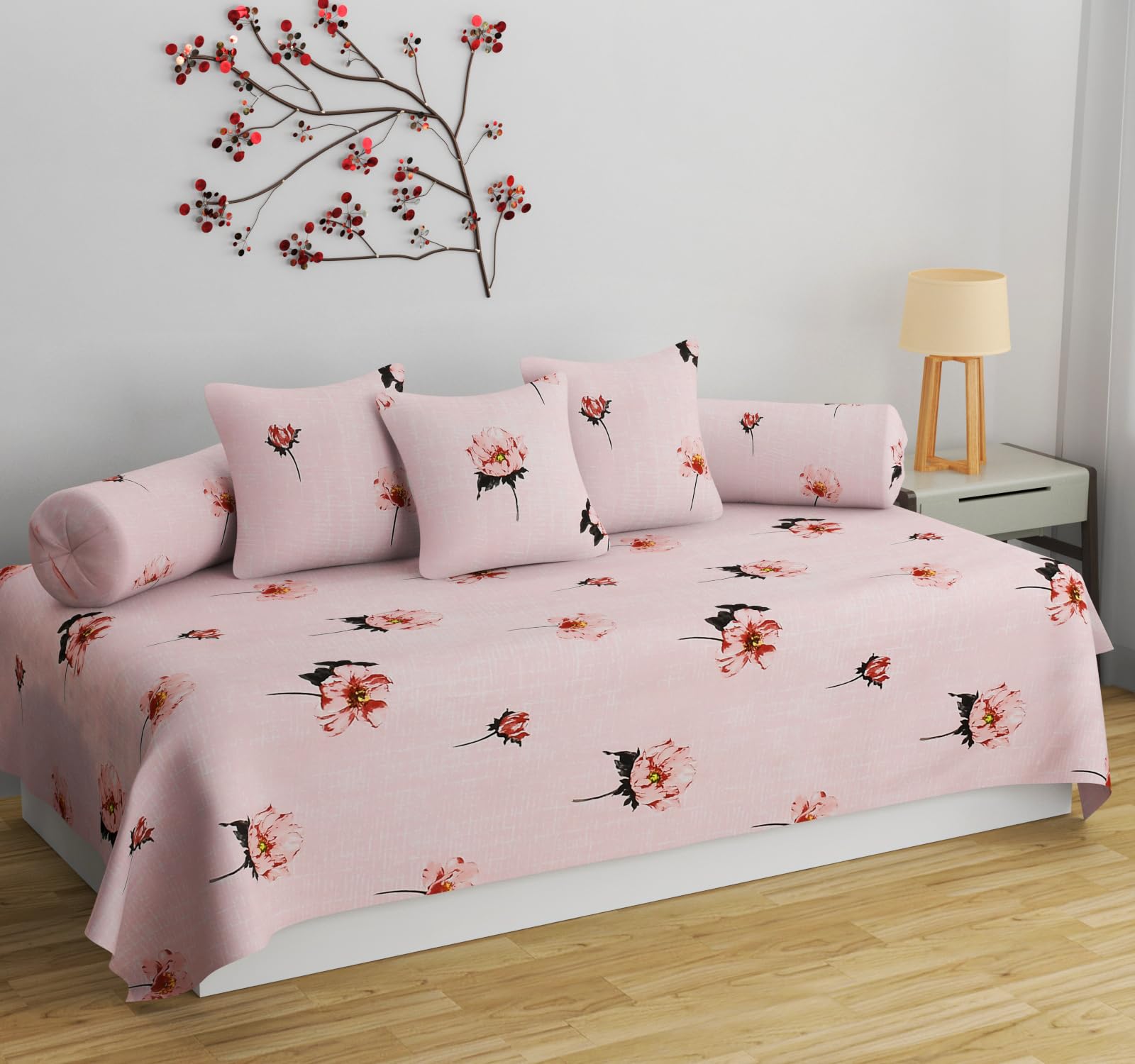 APALA Super Soft Cotton diwan Set for Living Room, diwan Set Covers Cotton, diwan Set 6 Pieces One Single Bedsheet with 3 Cushion Cover,2 Bolster (Pink)-picture-32