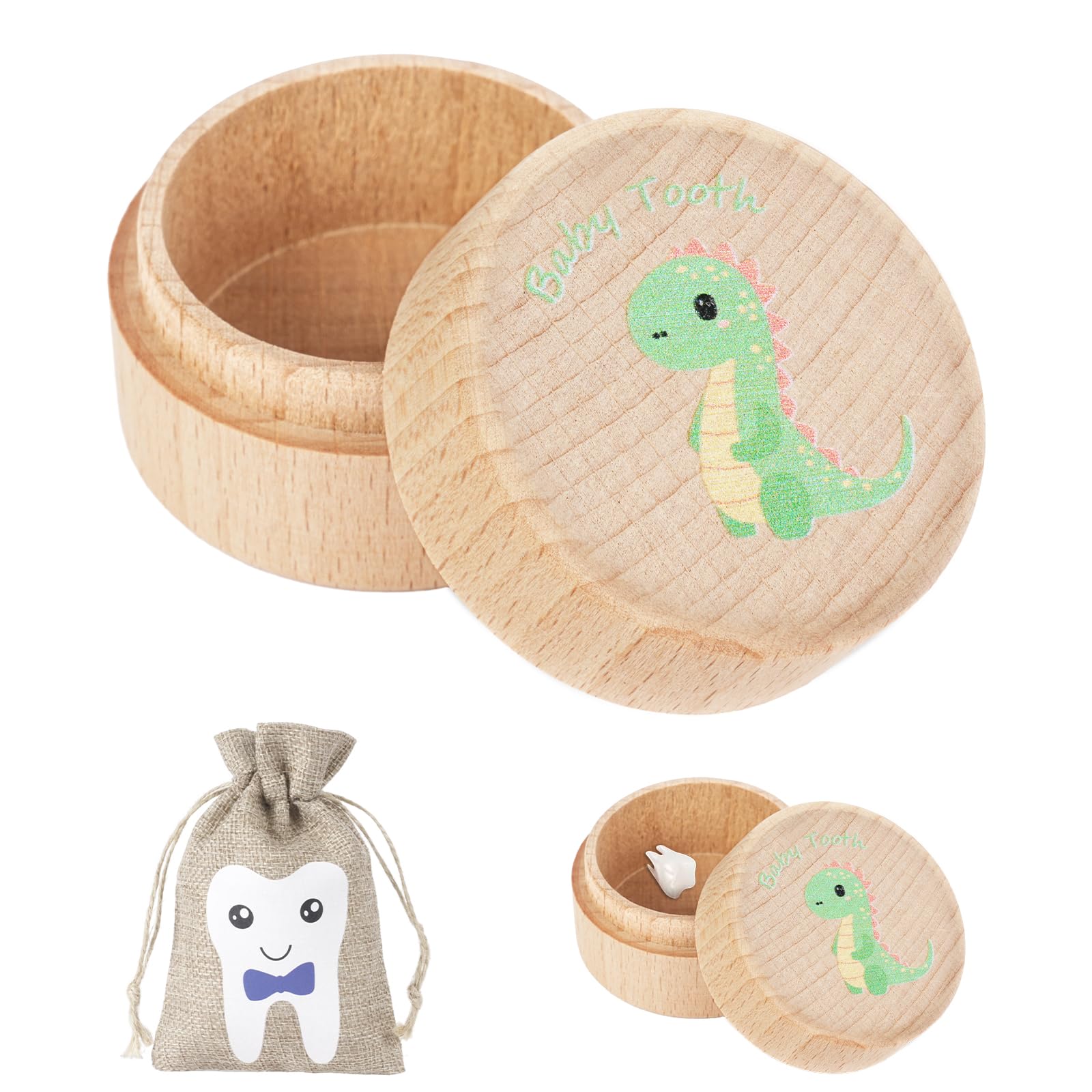 Aolso Tooth Fairy Box with Tooth Fairy Bag,Wooden Baby Keepsake Box,Baby Teeth Storage Box for Lost Teeth,Newborn Wood Case for Boys Girls Gift（Dinosaur）