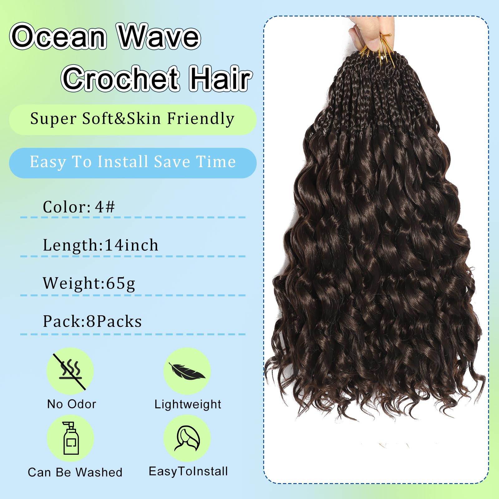 FLWAI Pre Looped Ocean Wave Crochet Hair 14 Inch 8 Packs Boho Style Hair Extensions Short Curly Crochet Hair Pre Twisted Synthetic Deep Wavy Curly Braiding Hair for Women (4#) - Image 2