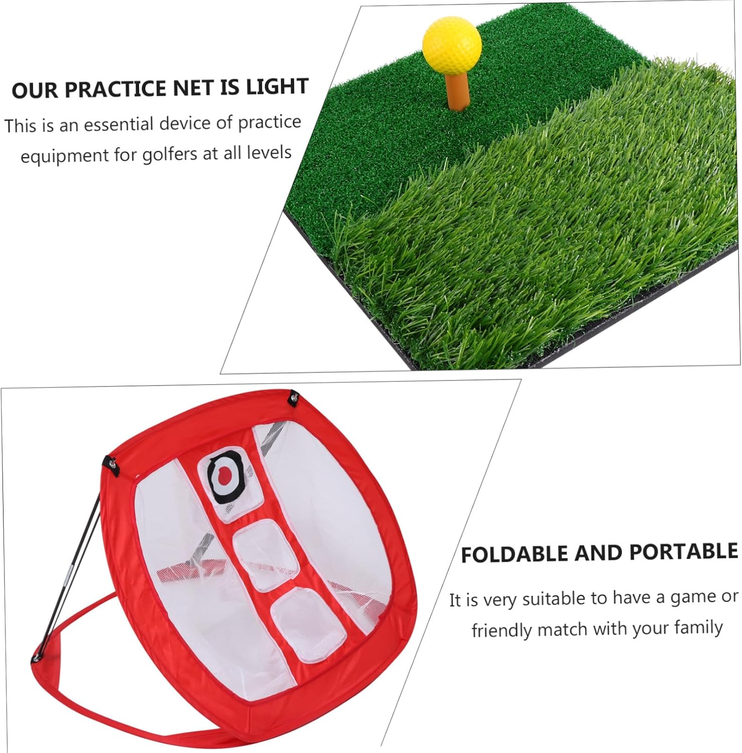 Golf Practice Net Pad Set Portable Nylon Training Net | Foldable Frame, Indoor and Outdoor Use, Red Finish, Mini Hitting Pad Included