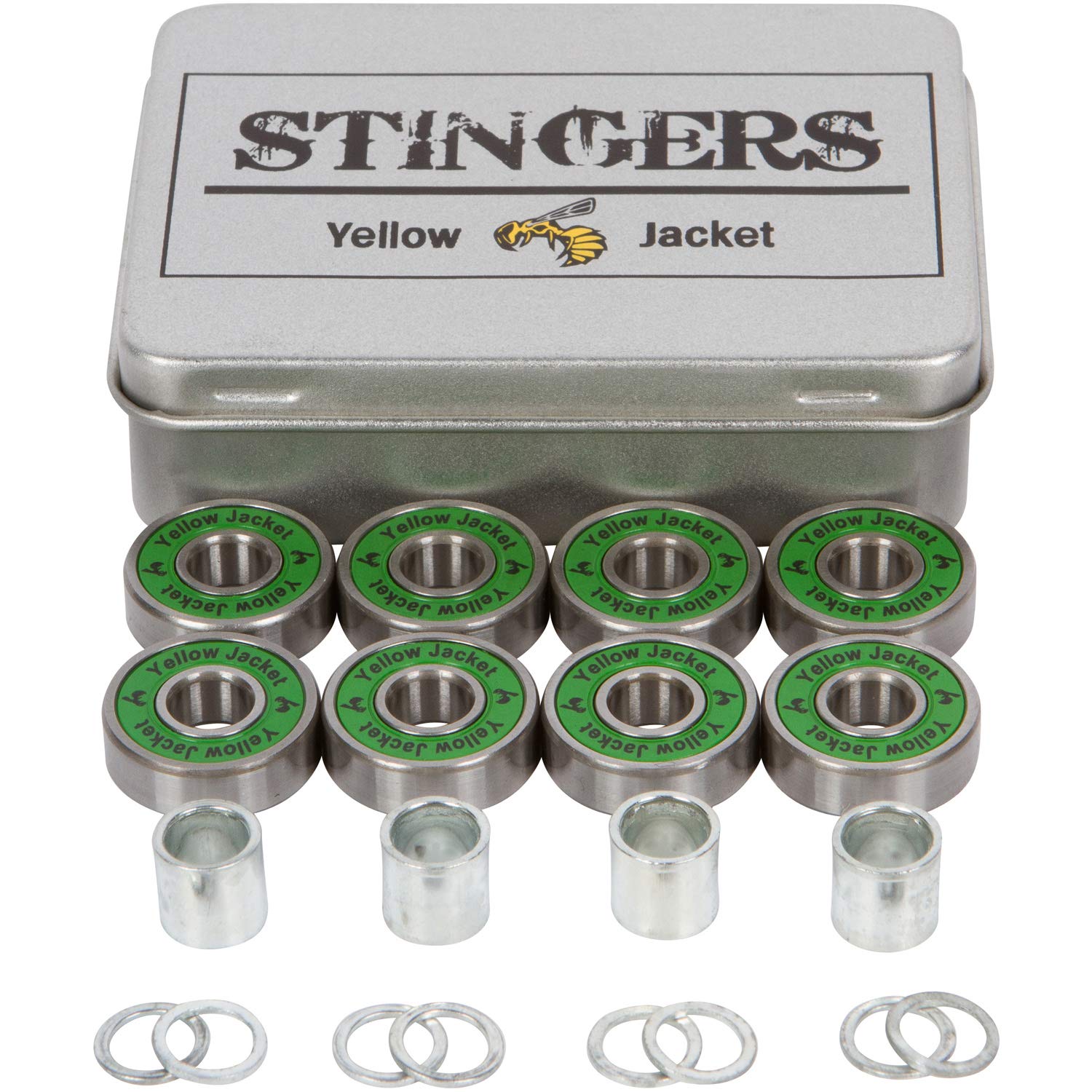 Yellow Jacket Premium Skateboard Bearings, Pro Longboard Bearings, 608, ABEC 11, Washers and Spacers, Jungle Green (Pack of 8)