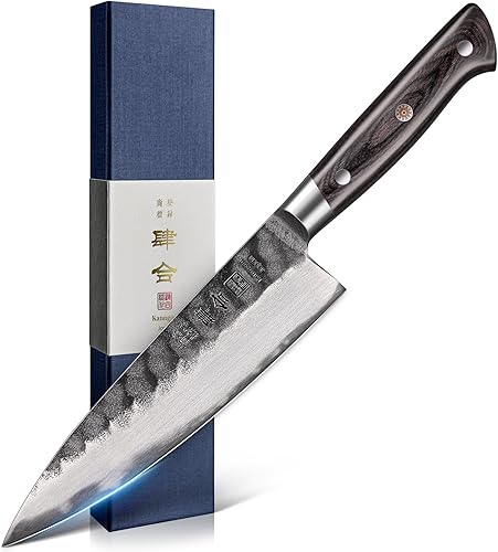 Cuchillo de chef japonés de 8 pulgadas, cuchillo de cocina forjado negro con acero de aleación AUS-8 y mango de madera de Pakka de espiga completa,