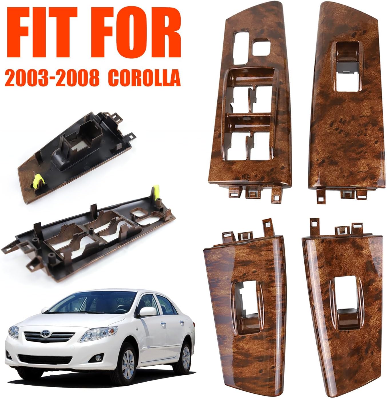 4PCS Front Rear Window Lift Switch Trim Bezel Compatible with Toyota Corolla 2004-2008 Faux Woodgrain Door Window Switch Cover Accessories, Replace OEM 74232-02350 7423102350 74271-12030 7427212030