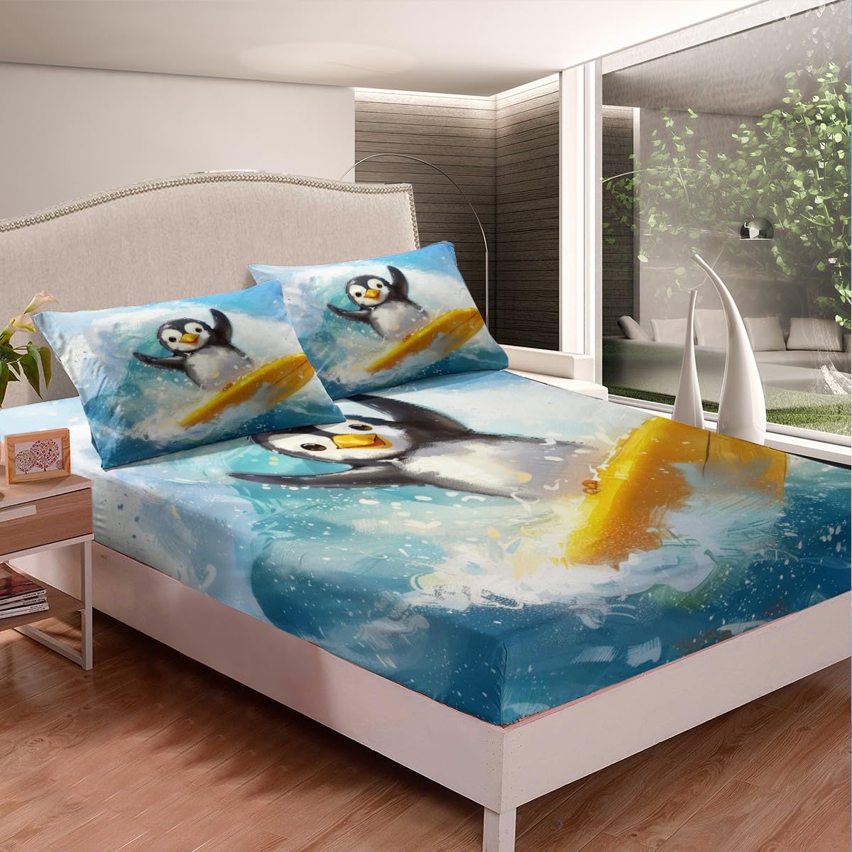 Erosebridal Surfer Penguin Full Fitted Sheet,Surfboard Surf Bedding Set,Cute Funny Penguin Bed Set for Kids Boys Girls,Coastal Beach Surfing Bed Sheets 3Pcs Bedroom Decor (No Flat Sheet)