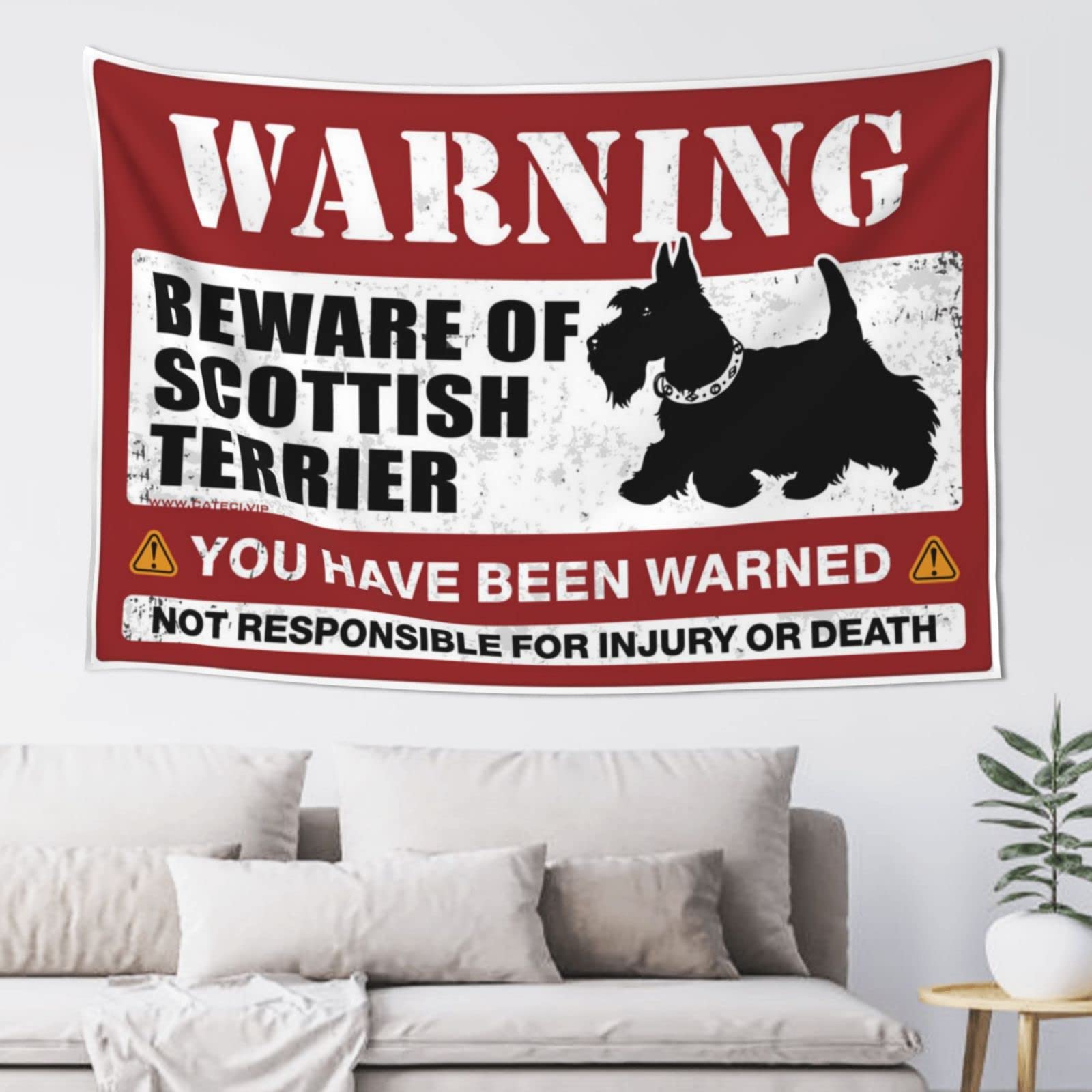 PRAVOXI Man Cave Accessories And Decor Beware Of Scottish Terrier Tapestry Funny Sogns Bedroom Accessories(75X100CM)