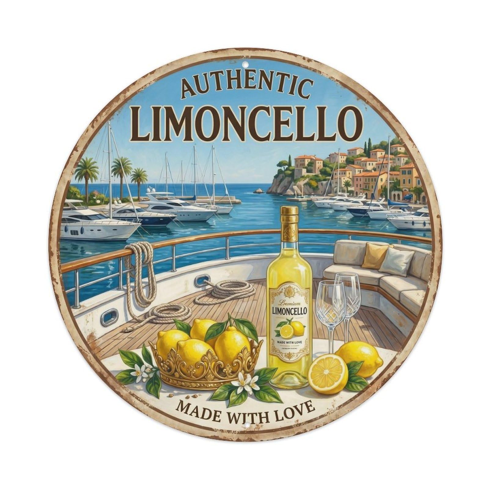 Fqcyn Style Premium Italian Limoncello Metal Tin Sign Plaque Wall Decor For Cafe, Club Bar, Office, Home Garden Round Metal Poster 8X8inch