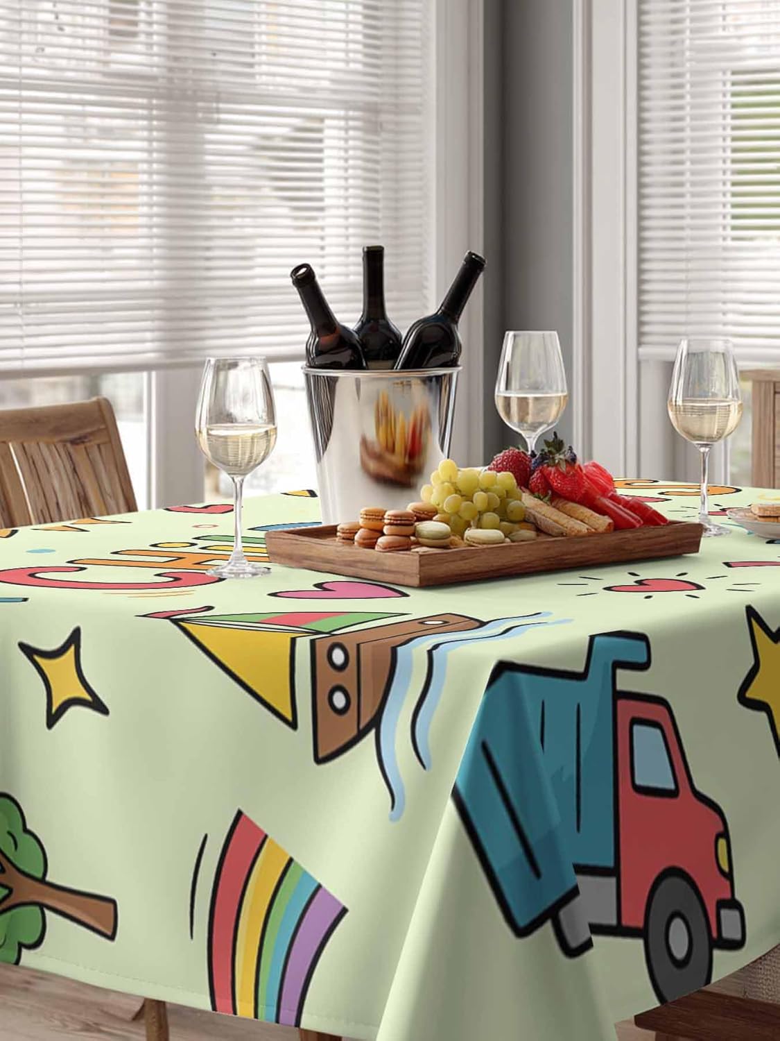 Children's Day Waterproof Table Cloth Cartoon Sun Castle Boat Truck Leather Ball Green Waterproof & Wrinkle Table Cover, Washable Polyester Soft Fabric Table Cloth for Outdoor Indoor Parties