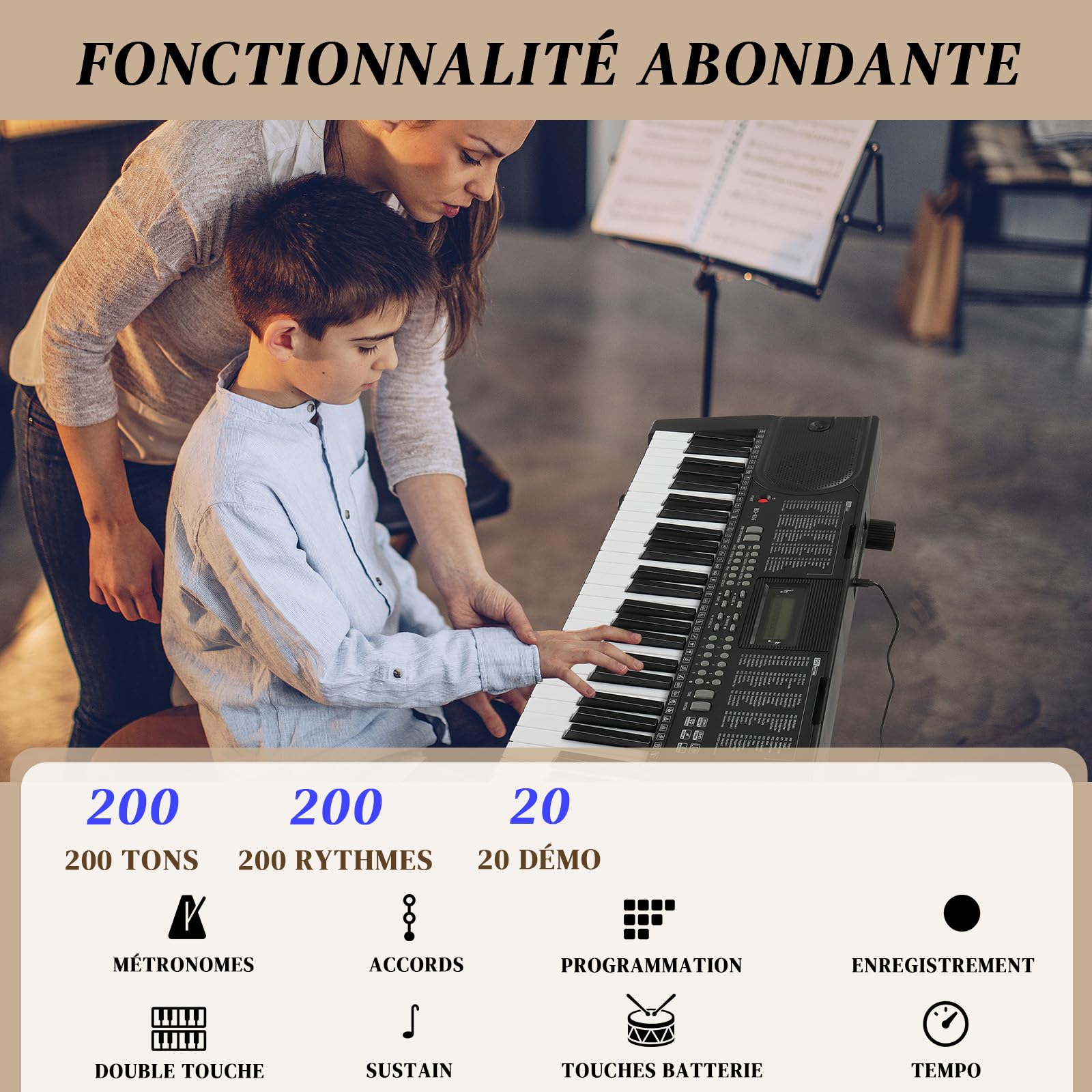 LEADZM Clavier Piano 61 Touches, Piano Numérique avec Touches Éclairées, LCD Écran, MIDI, Support X de Clavier Électrique, Banc de Piano, Pupitre, Casque, Microphone (Noir1)