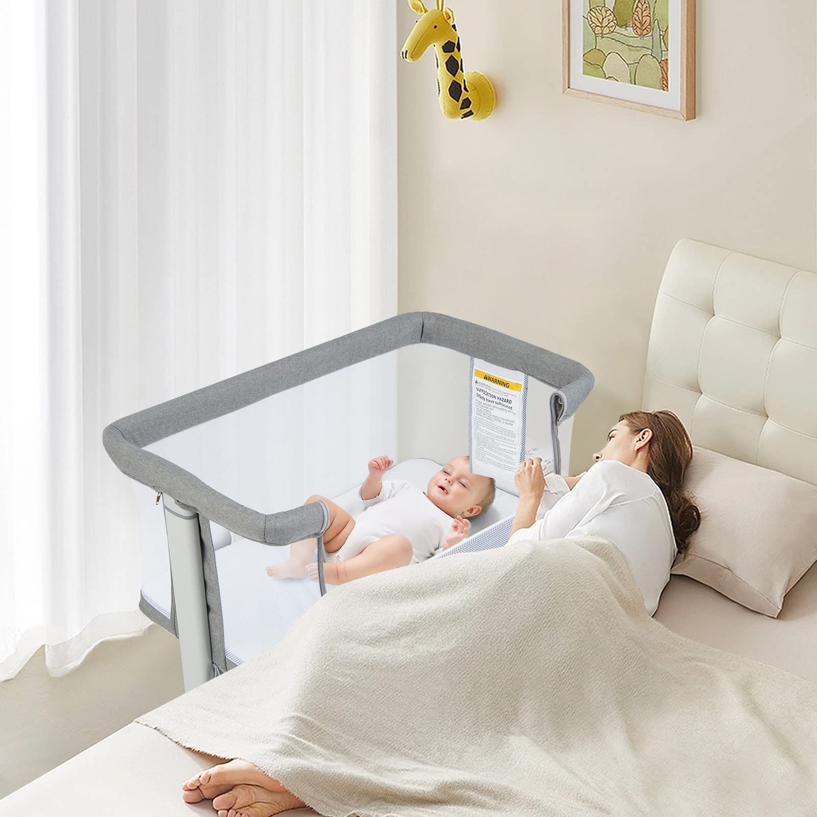 LIFEZEAL 3 in 1, culla regolabile in altezza a 5 livelli, culla con materasso, lettino da viaggio mobile su ruote con navicella, culla per bambini dalla nascita fino a 9 kg (grigio chiaro)