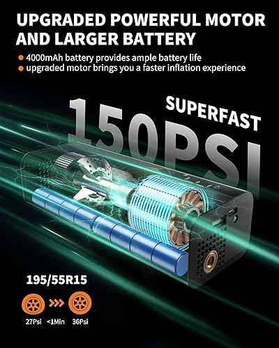 Miniatura 4 de Inflador de neumáticos portátil - Compresor de aire para automóvil con manómetro digital - 150 PSI - Bomba de aire con luz LED para automóvil,