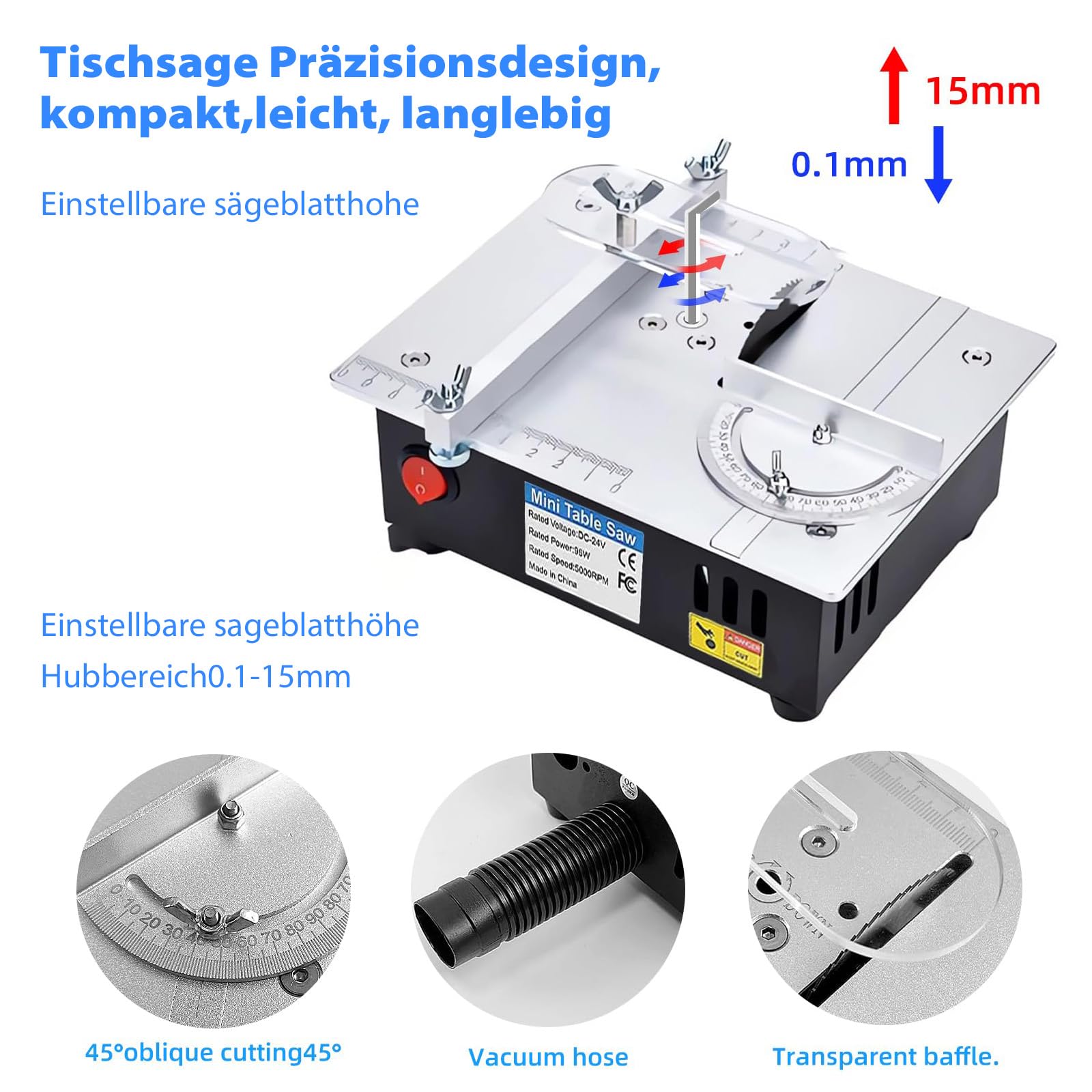 SICHENSH Mini-tafelcirkelzaag, 96 W tafelcirkelzaag, draagbaar, doe-het-zelf miniatuur-tafelcirkelzagen met 7 versnellingen, instelbare spanningsregelingsmodus, multifunctionele tafelcirkelzaag voor