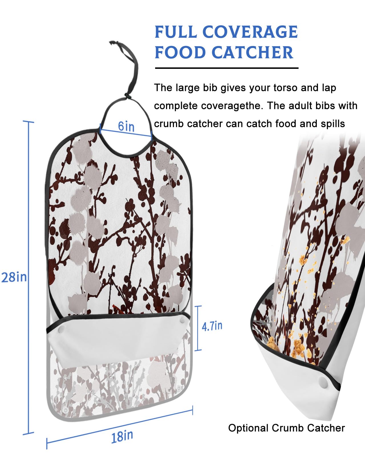 Adult Bibs for Elderly Women - Black Brown Branches Waterproof Dining Clothing Protectors with Crumb Catcher for Eating/Feeding, Watercolor Botanical Abstract Art Terry Cloth Bib Machine Washable