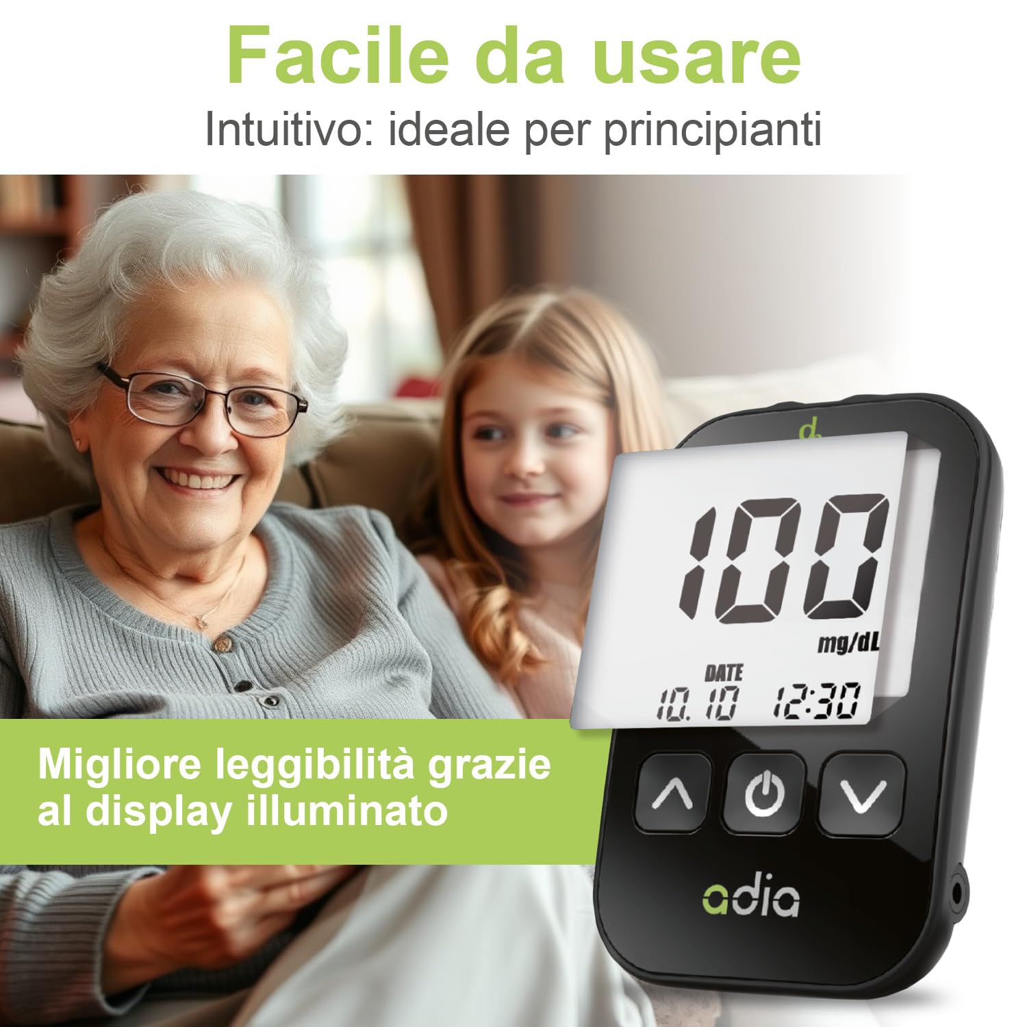 adia glucometro (mg) + 110 strisce per glicemia + 110 lancette, 1 pungidito, 1 astuccio, glicemia misurare kit completo per il monitoraggio della glicemia per diabetici