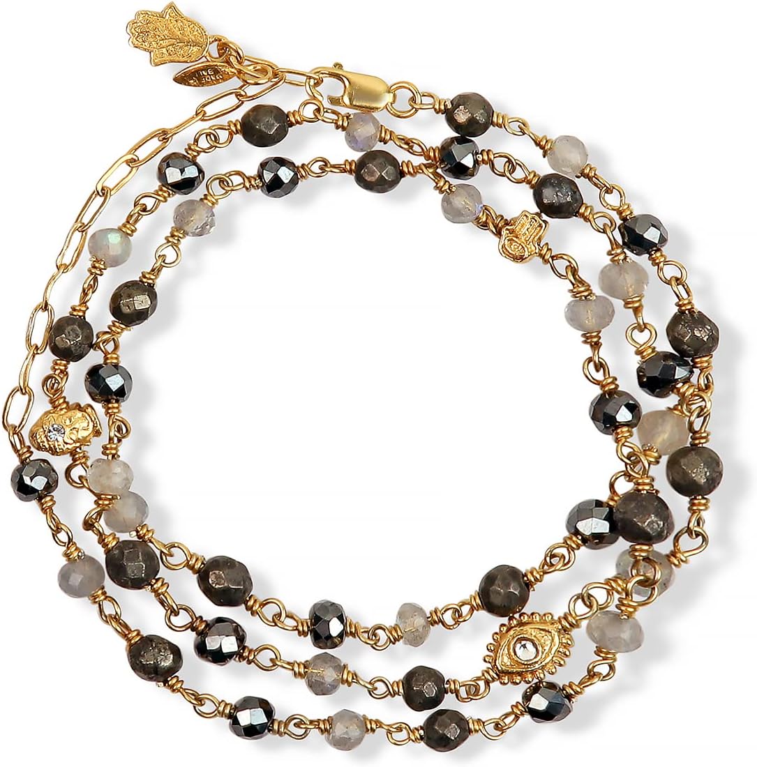 KARMA AND LUCK Women's Genuine Hematite Pyrite Labradorite Gemstones 18K Gold Plated Brass Evil Eye Triple Protection Wrap Bracelet with Cubic Zirconia Crystals.