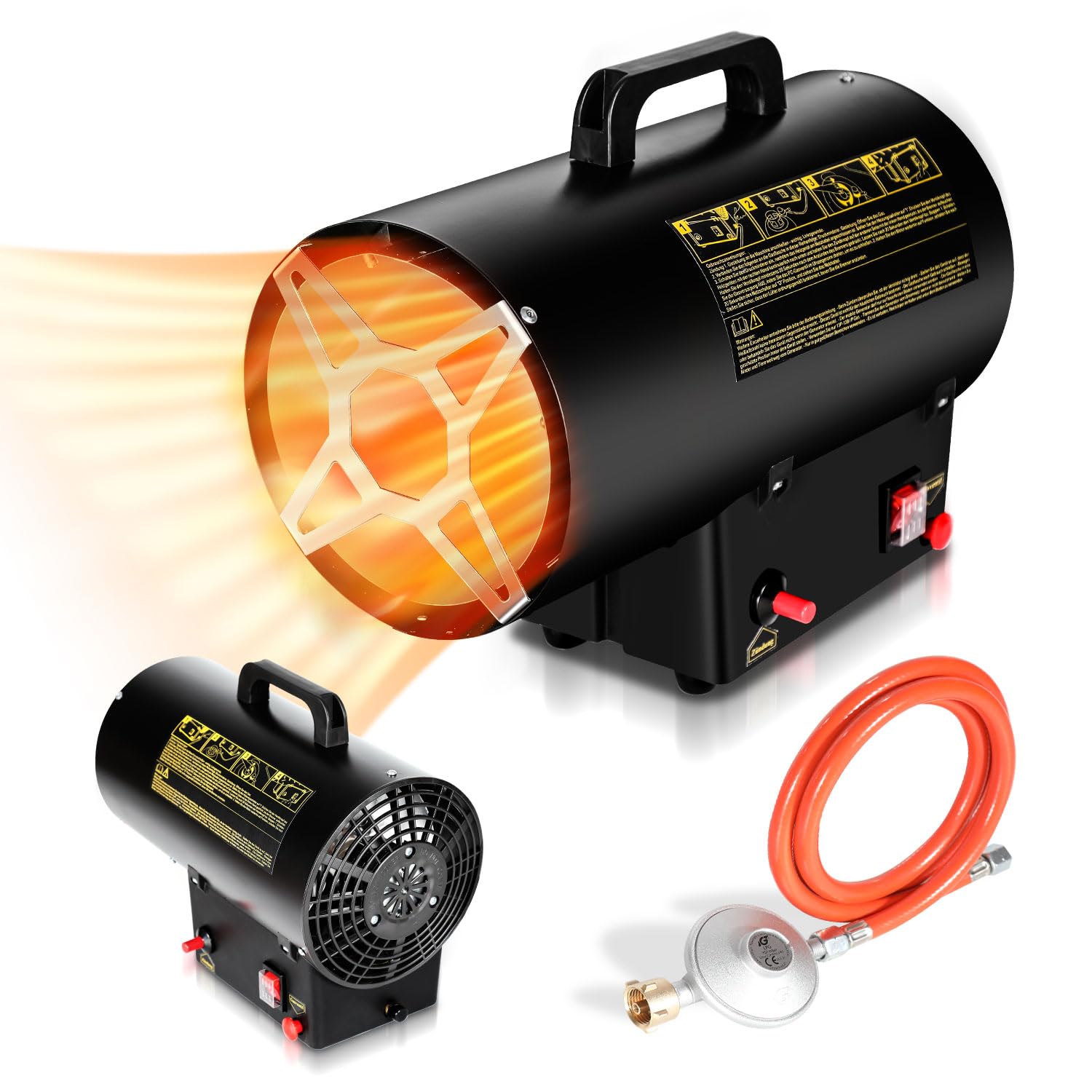 Eulenke Soplador de calefacción de gas de 15 kW Calefactor de gas Caudal de aire 320 m³/h, Calefactor radiante de gas incl. manguera de gas y reductor de presión, cañón de calor generador de aire
