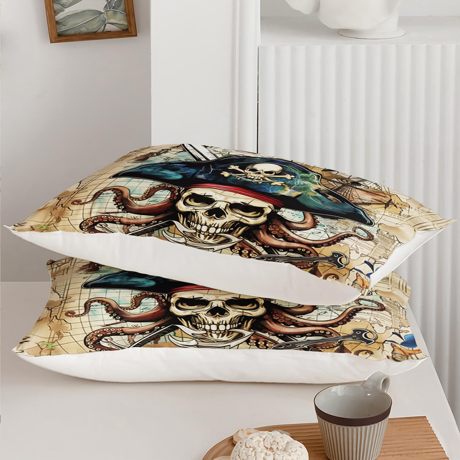 AILONEN 3D Pirate Captain Skull Duvet Cover Set King Size, Skeleton Bones with Octopus Bedding Set for Kids,Boys,Girls,Nautical Map Theme Comforter Cover,3-Pieces,1 Quilt Cover and 2 Pillowcases