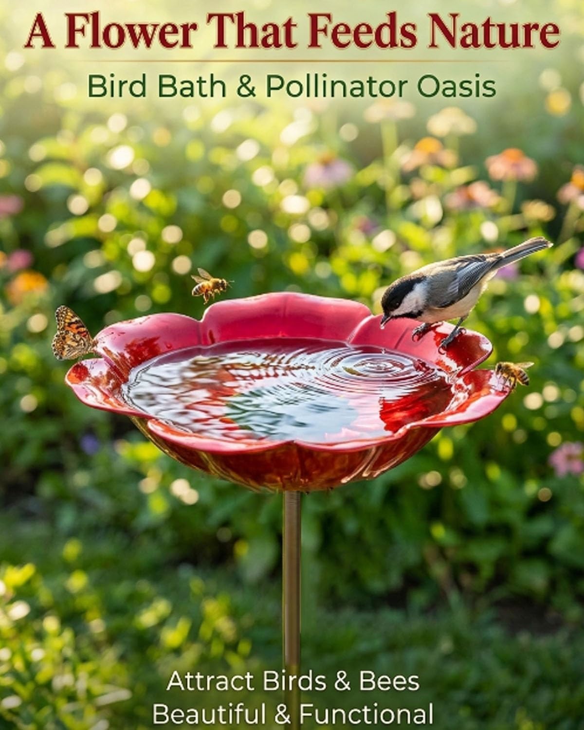 Metal Flower Garden Stakes Bird Bath Bowl, Handmade Blooms Hummingbird Feeder Pollinator Water Fountain Sculptures Decorative Bee Butterfly Watering Station Outside Colorful Rain Catcher Puddler