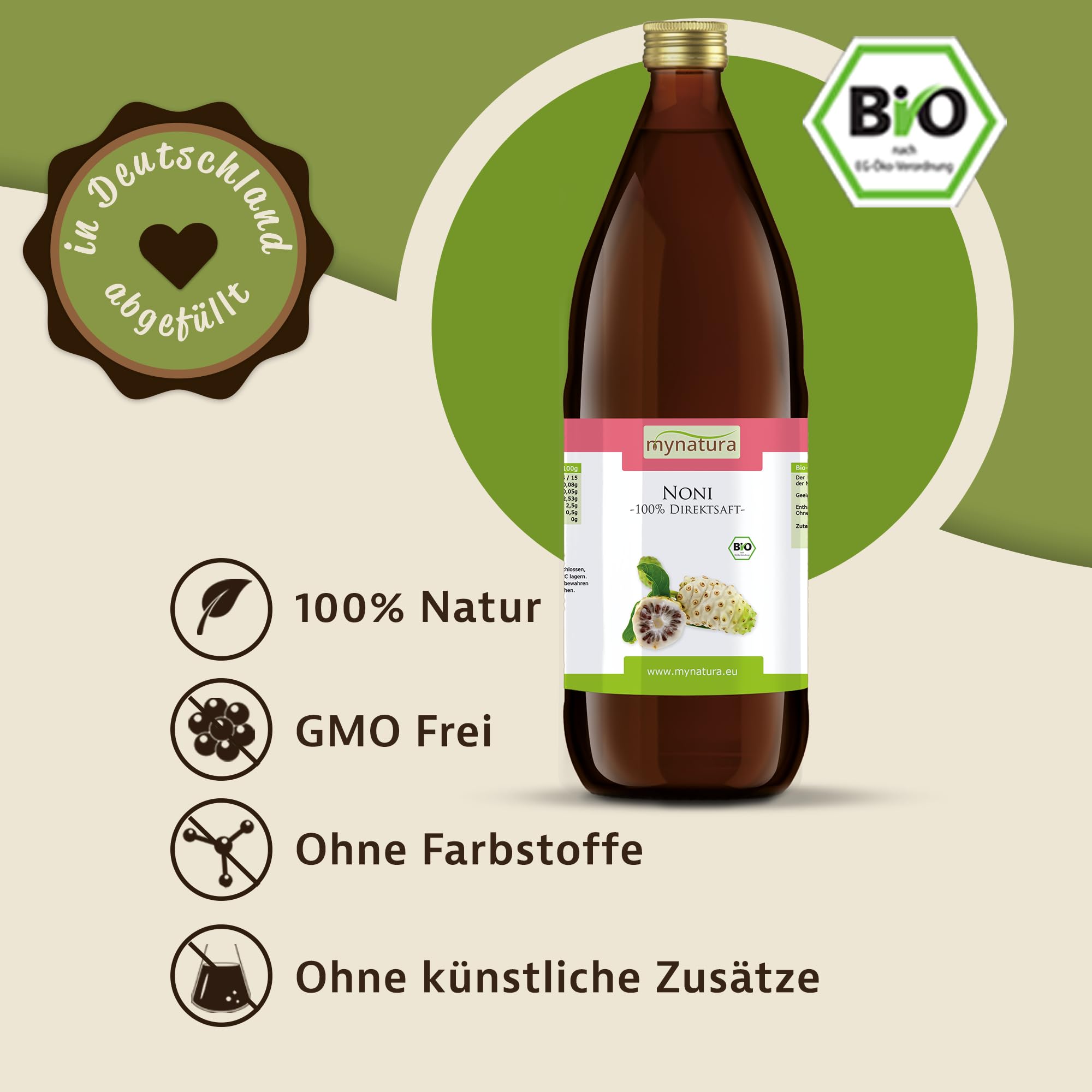 Mynatura Bio Noni-Saft 6x 1 Liter Glasflasche I Noni Direktsaft I 100% pflanzlich I Ohne Zusätze I Fruchtsaft aus Morinda citrifolia L. (6 x 1L Flasche)
