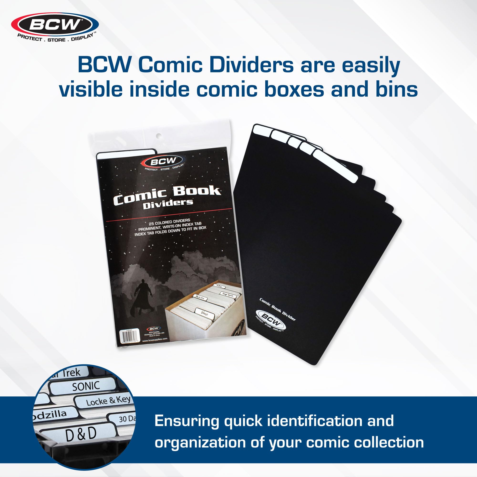 BCW Comic Dividers - 25 Pack | Archival Polyethylene Plastic Dividers | Organize Comics Efficiently in Storage Boxes | Write-On Index Tab (Black)