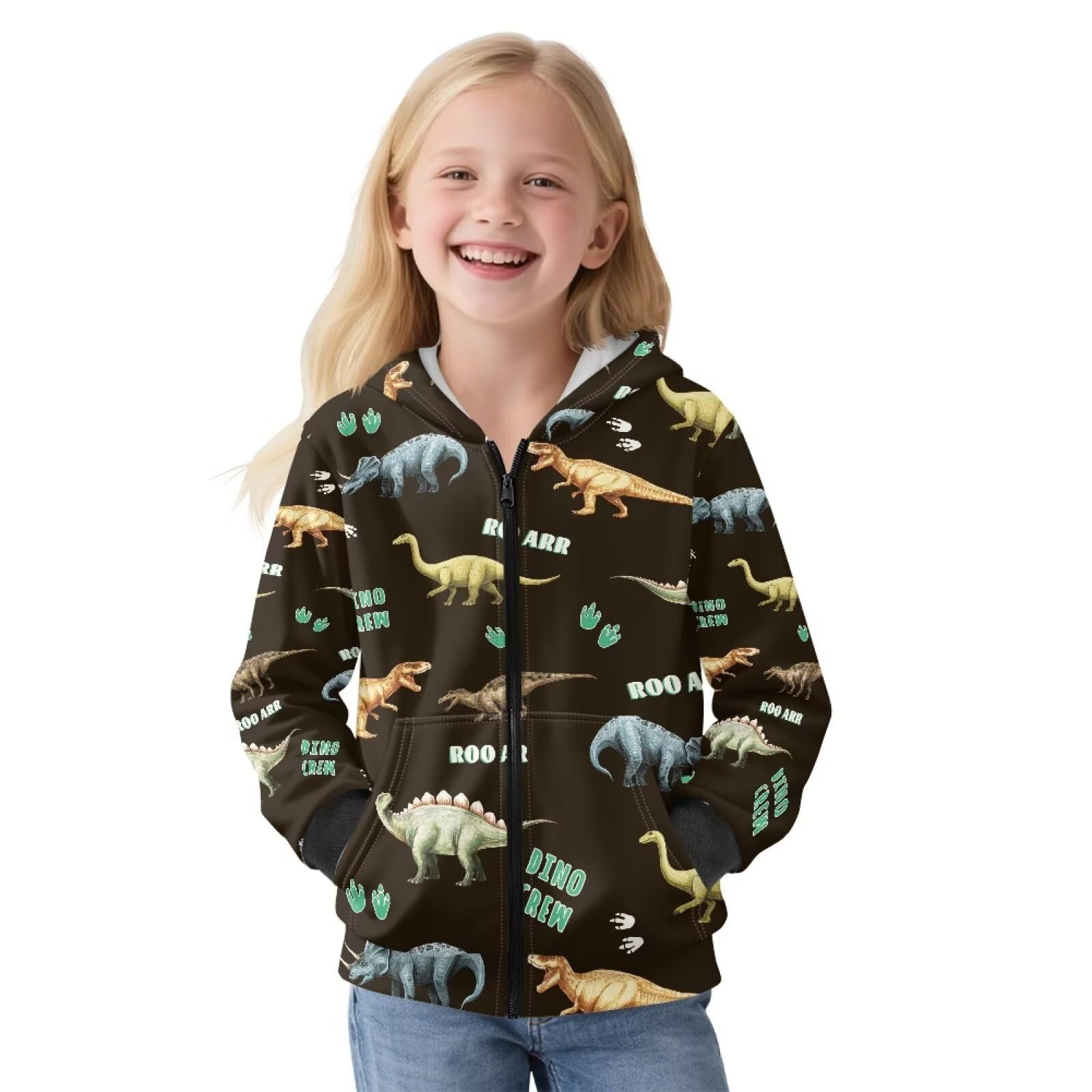 Xoenoiee Dziecięce bluzy z kapturem dla chłopców, zapinana na zamek, bluza 3D, fajna grafika zwierzęca, sweter z długim rękawem, top na jesień i zimę, Czarne dinozaury, 6-8 Years