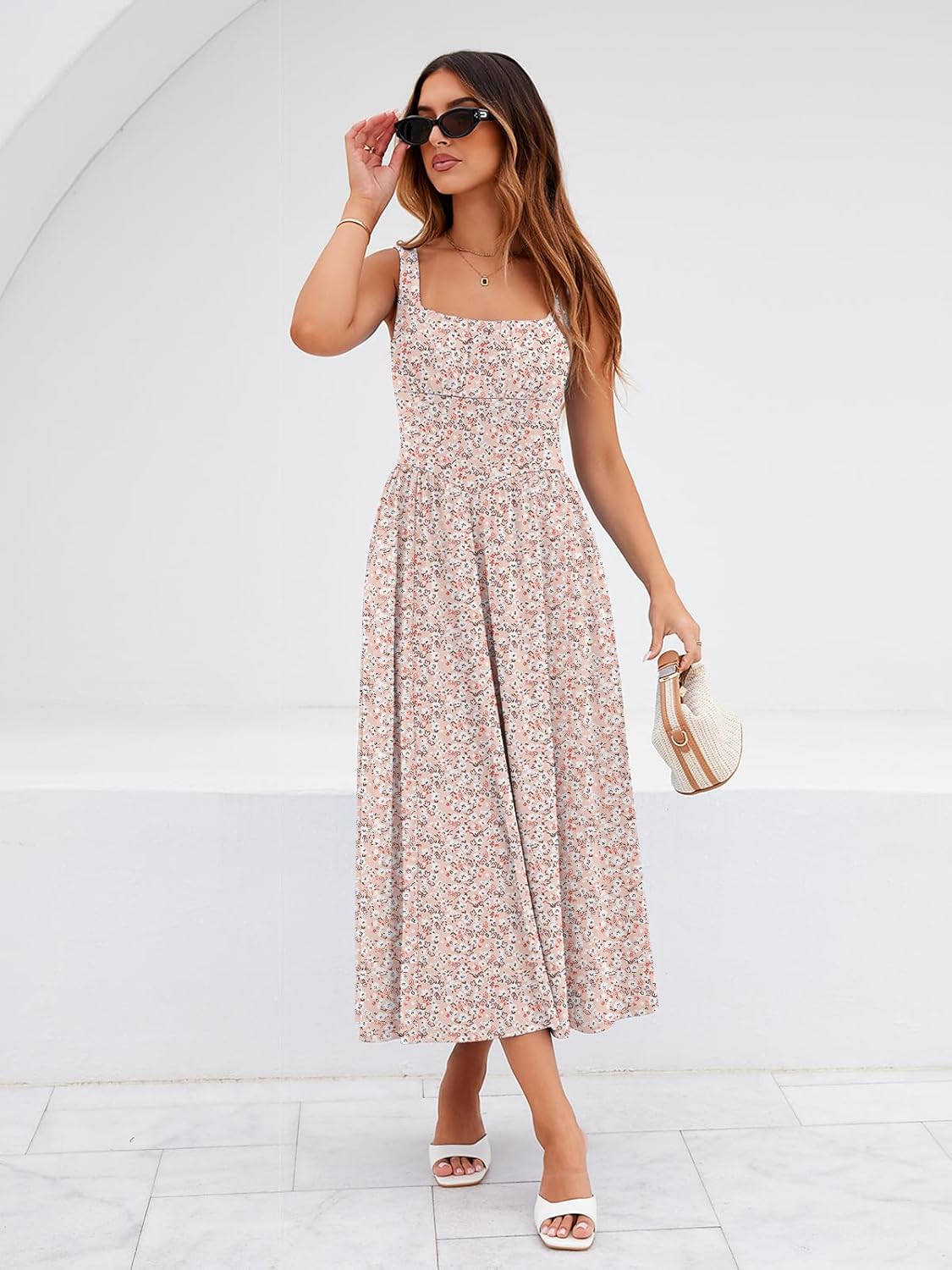 YATHON Women's Summer Floral Midi Dress Casual Square Neck Flowy Wedding Guest Dresses Beach Vacation Sundress with Pocket - Image 3