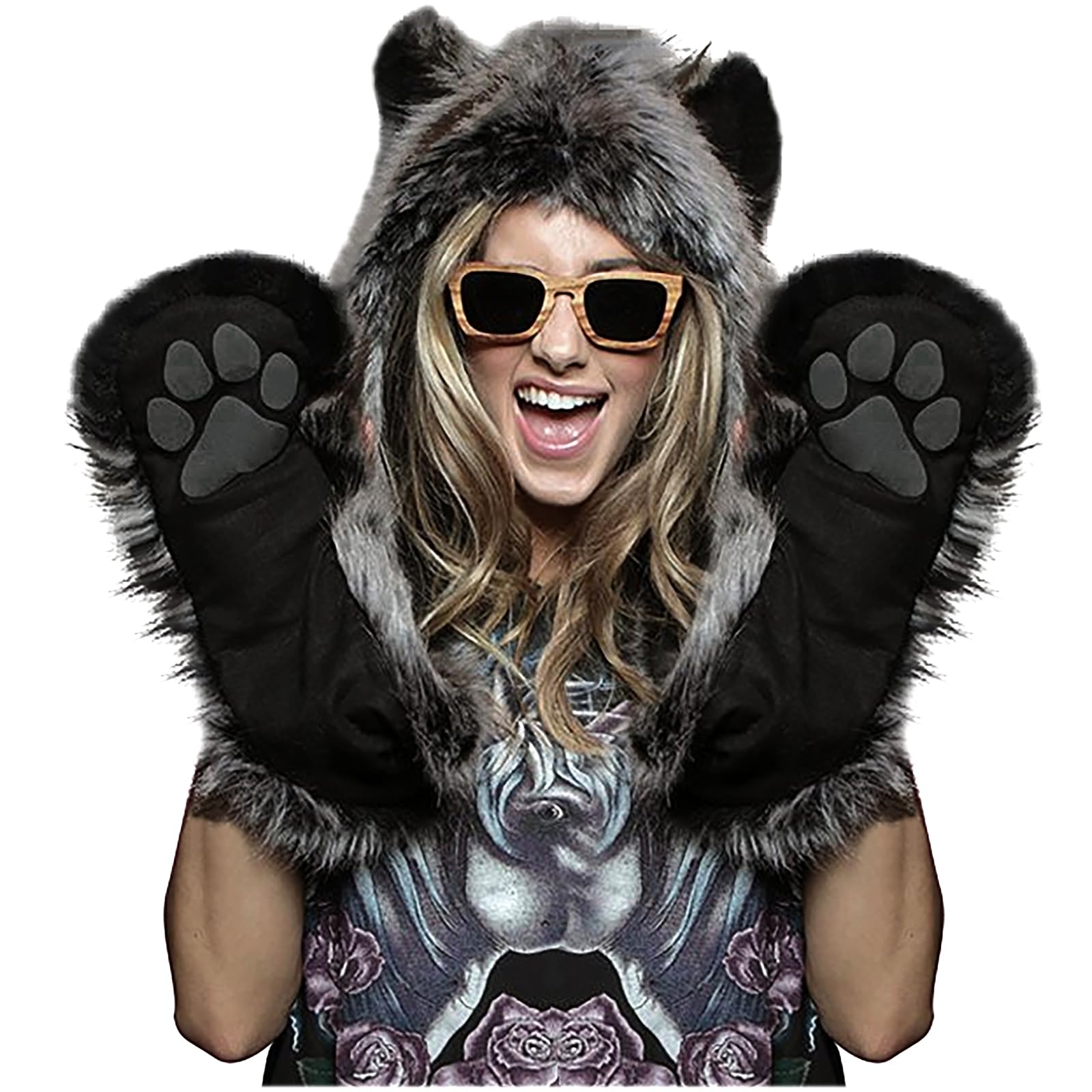 Damen Herren Winter Kunstpelz Flauschig Pelzigen Tier Kapuze Mütze mit Ohren Schal Pfoten Prints Tasche Handschuhe 3 in 1 Combo