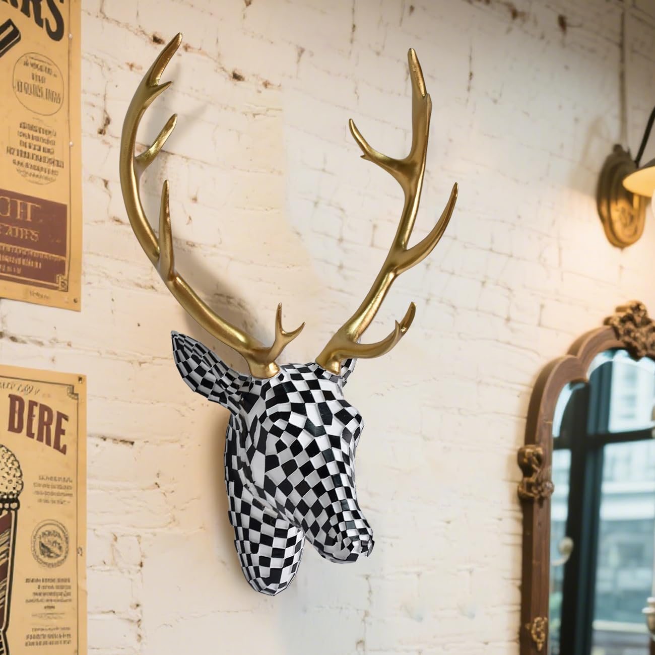 GIGICICI 15.7x8.7-Inch Mosaic Deer Head Wall Decor, Artistic Faux Resin Animal Head Wall Sculptures Decor Hanging Decoration for Living Room Bedroom Kitchen Gift, Black-White