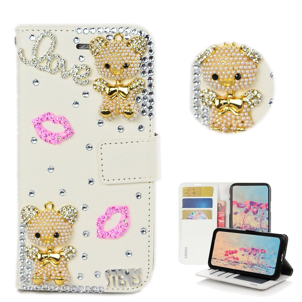 STENES Bling Case Compatible with iPod Touch 6 Case - 3D Handmade Crystal Cute Pearl Beer Sexy Lips Wallet Credit Card Slots Fold Stand Leather Cover - Pink