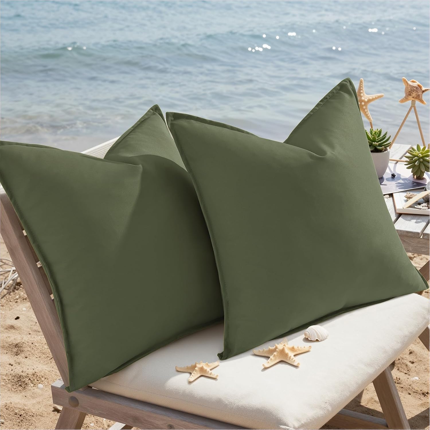 decorUhome Outdoor Waterproof Faux Linen Throw Pillow Covers 20x20 Inch Set of 2 Decorative Natural Farmhouse Pillow Cases with Flange Edges for Summer Couch Garden Patio Balcony Porch, Olive Green