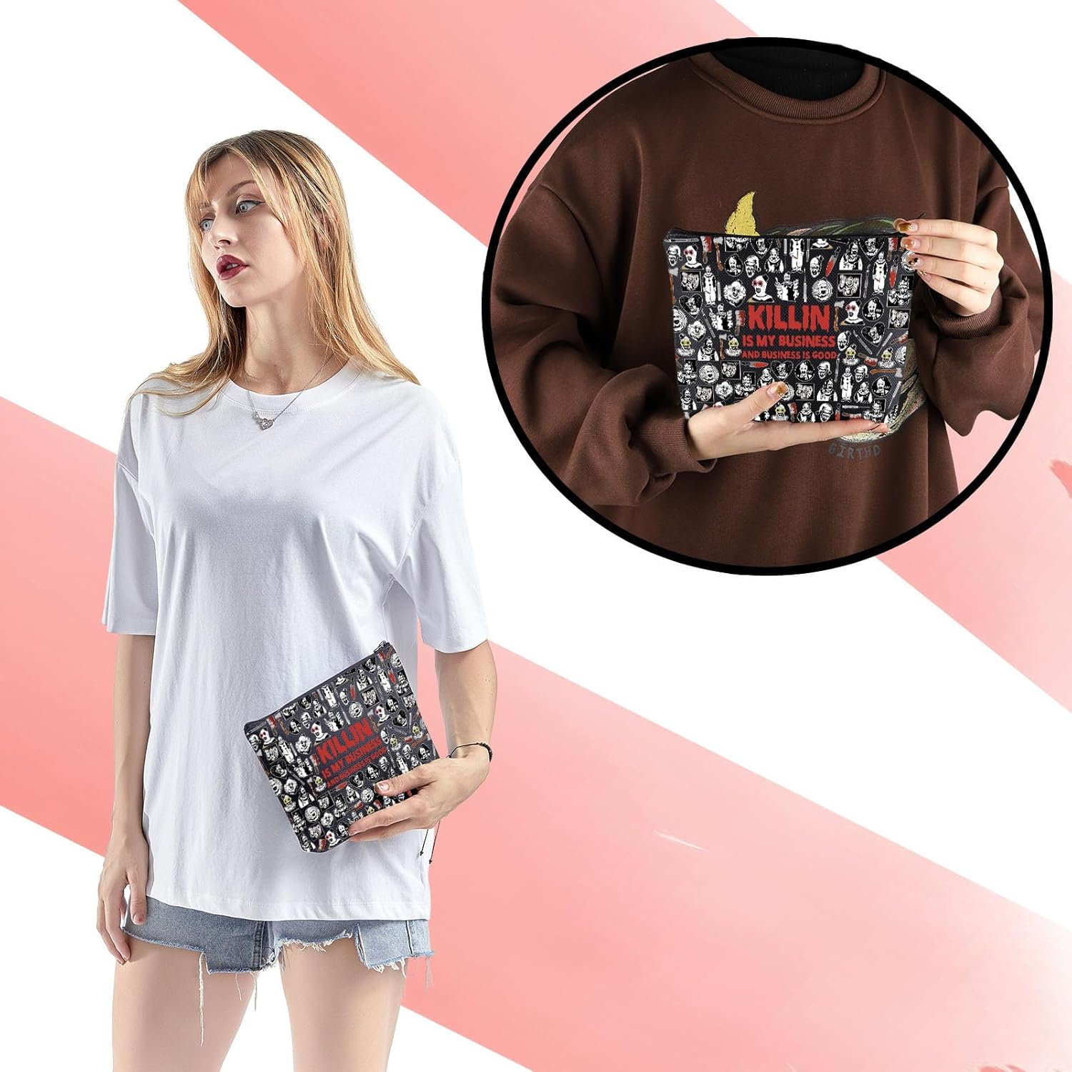 KUIYAI Clown Movie Merchandise Inspired Makeup Bag Killer Clown Cosmetic Bag Horror Movie Lover Gift Scary Clown Character Gift (KillinMupBlk) - Image 6