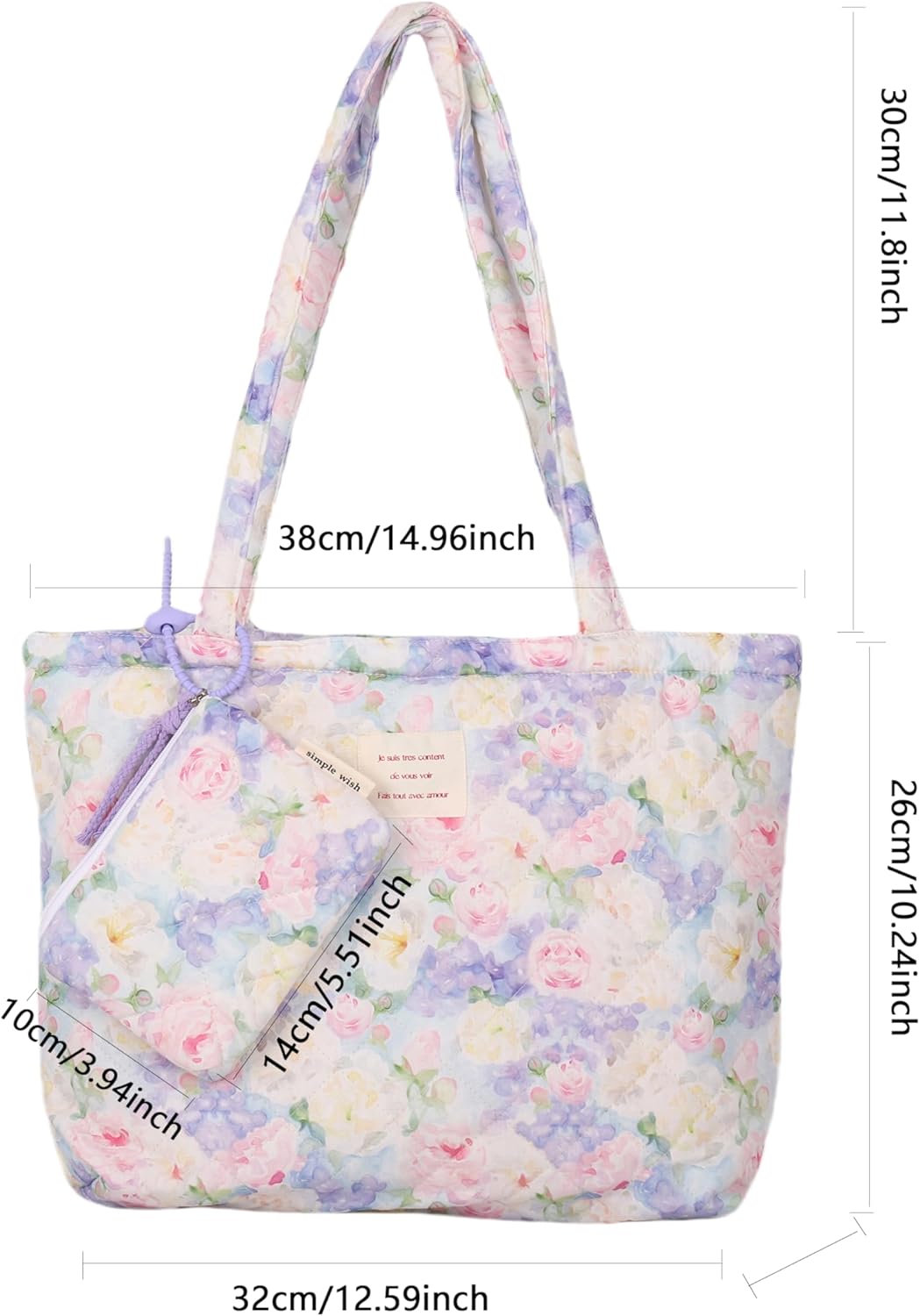 Floral Quilted Cotton Shoulder Bag Set 2-in-1 Tote with Mini Pouch Women’s Lightweight Reusable Daily Handbag A054
