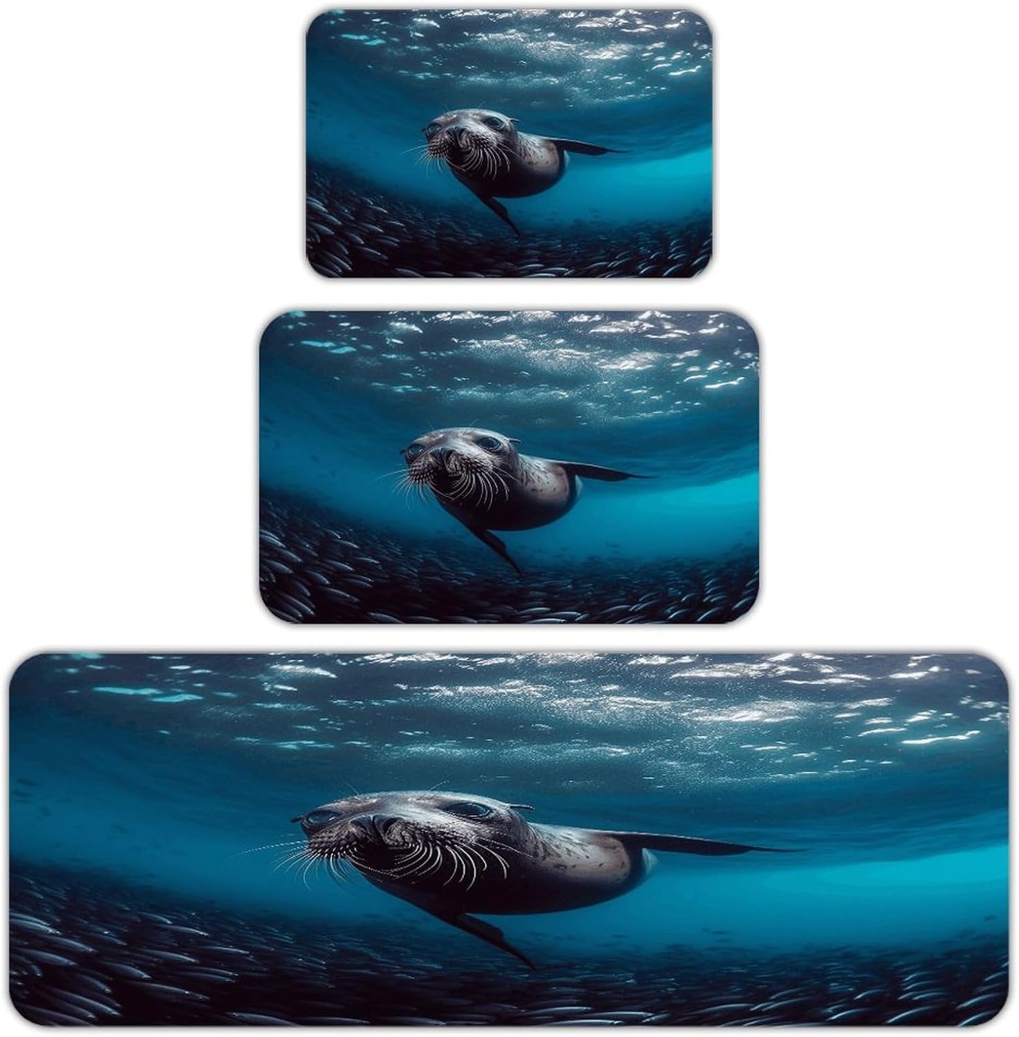 Underwater Sea Lion Kitchen Rugs Sets of 3 Non Slip Kitchen Mats for Floor Farmhouse Kitchen Sink Mat Thick Comfort Standing Mat for Laundry Room Hallway Bathroom