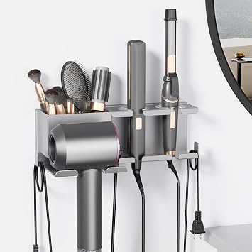 Hair Dryer Holder, Hair Tool Organizer, Blow Dryer Hanger Wall Mount for Dryer Hook, Bathroom Space-Saving Blow Dryer Organizer, Curling Irons Storage Wall Mounted Gray